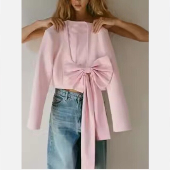 NWT Zara Cropped Blazer With Satin Bow in Chalk Pink Size XS - Picture 3 of 16